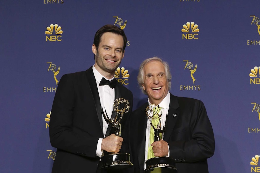 Bill Hader and Henry Winkler with their Emmy awards
