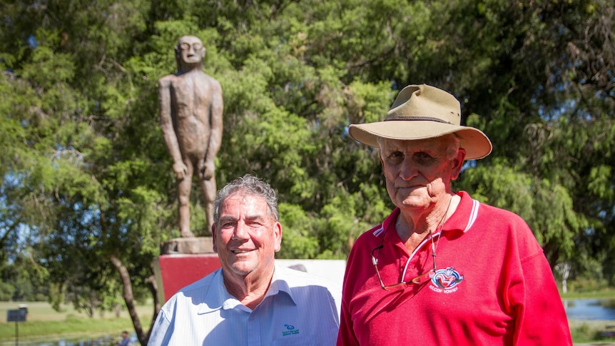 Mayor Graham Lehmann and Kilcoy local John McAulay stand at Yowie Park in Kilcoy.