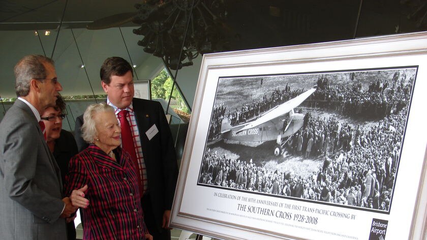 A black and white photograph of the landing was unveiled today and will hang behind the Southern Cross, at the Kingsford Smith Memorial in Brisbane.