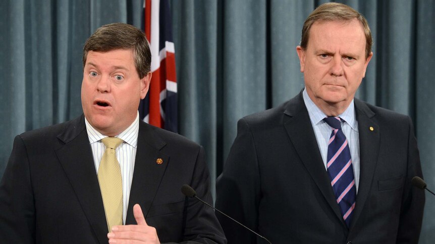 Queensland Treasurer Tim Nicholls (left) received the audit from former federal treasurer Peter Costello in June.