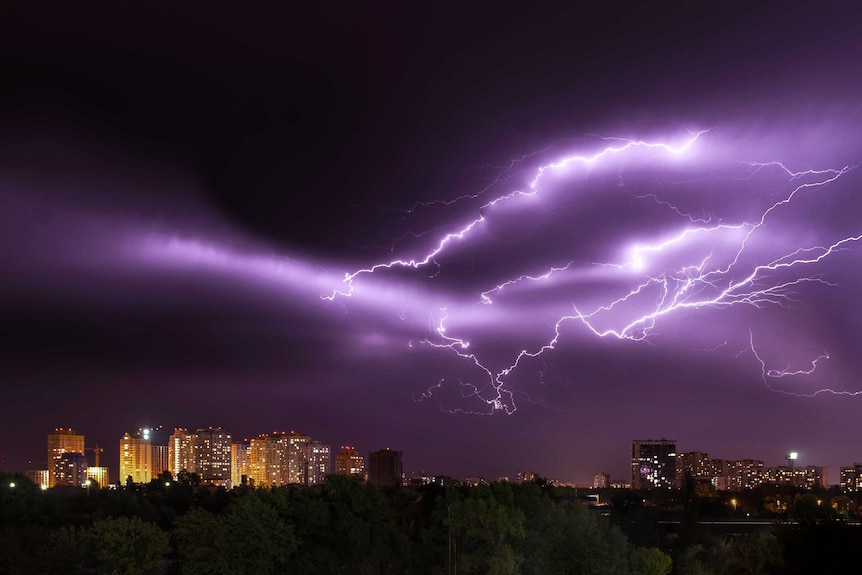 Lightning over a city.