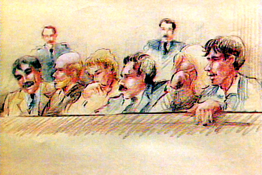 A court sketch done in pencil of a group of people sitting together.