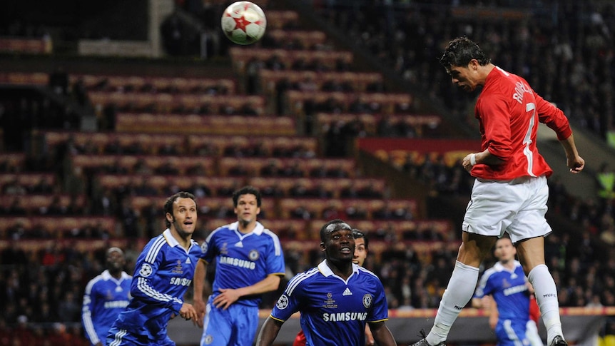 Cristiano Ronaldo heads a goal in the 2008 Champions League final