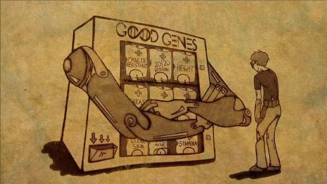 Drawing of man looking at large vending machine with crossed arms, contains 'good genes' products