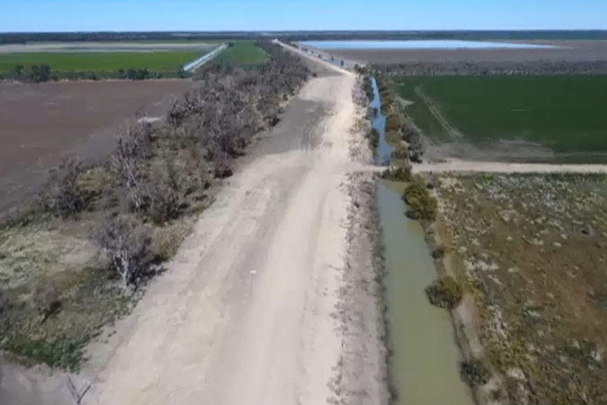 Aerial shot of cotton and earthworks on a large farming operation