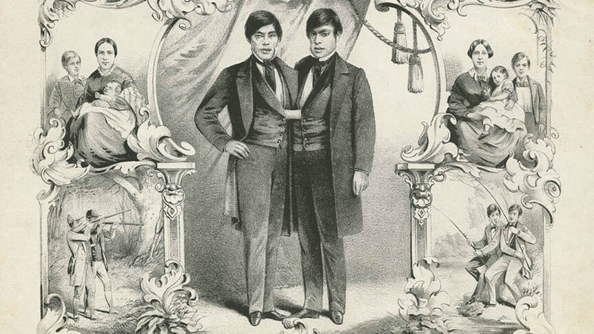 Black and white illustration of Chang and Eng.
