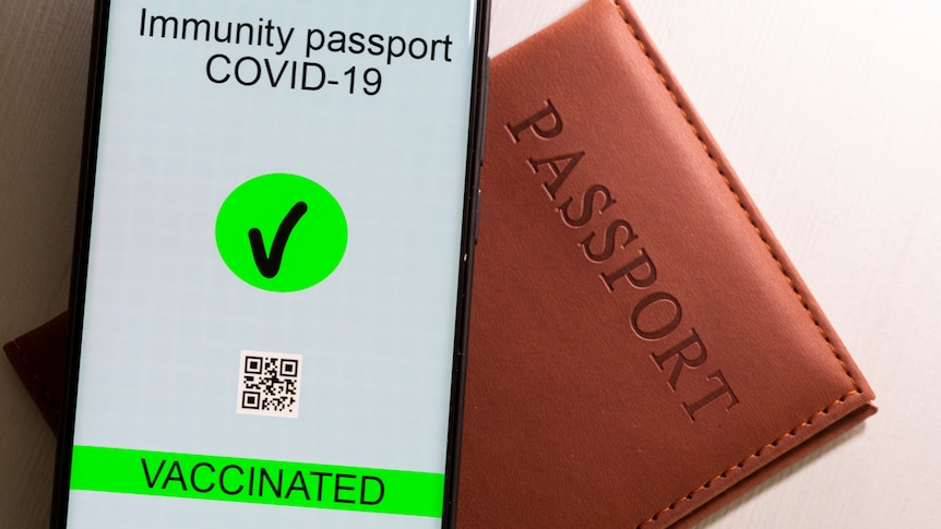 An illustrative image shows a smartphone with a QR code and a 'vaccinated' label placed on top of a passport.