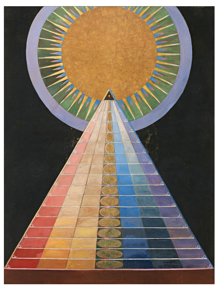  A painting of large golden circle above a multi-coloured pyramid against a black background 