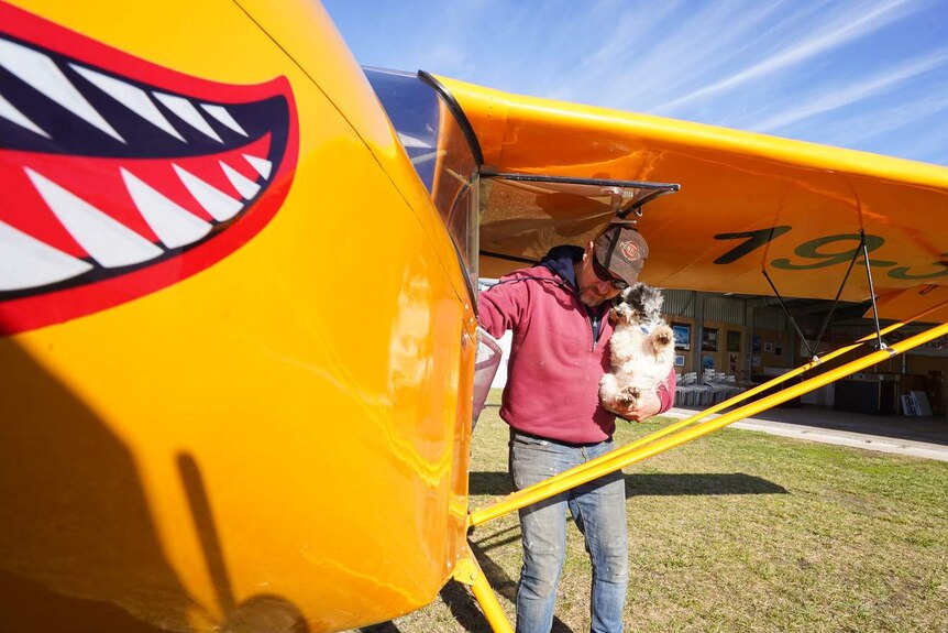 A man in jeans and hooded jumper stands alongside a small yellow plane with a small dog in his arms.