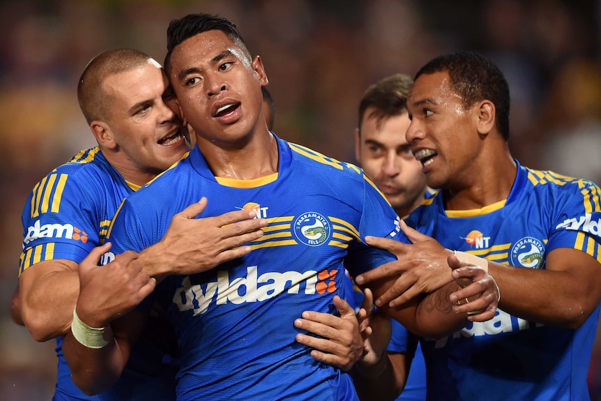 John Folau celebrates try for Parramatta