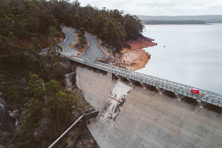 A drone shot of a mural being painted on a dam wall