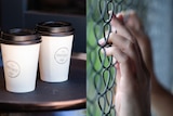 Composite image of takeaway coffee cups and hands holding a wire fence.