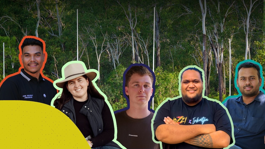 Creative composite with a forest background and the images of five young people cut out in front of it.