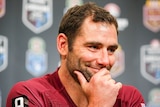 Queensland captain Cameron Smith speaks to the media after Origin III, 2015 at Lang Park.