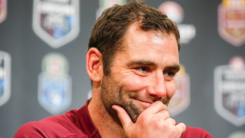 Queensland captain Cameron Smith speaks to the media after Origin III, 2015 at Lang Park.