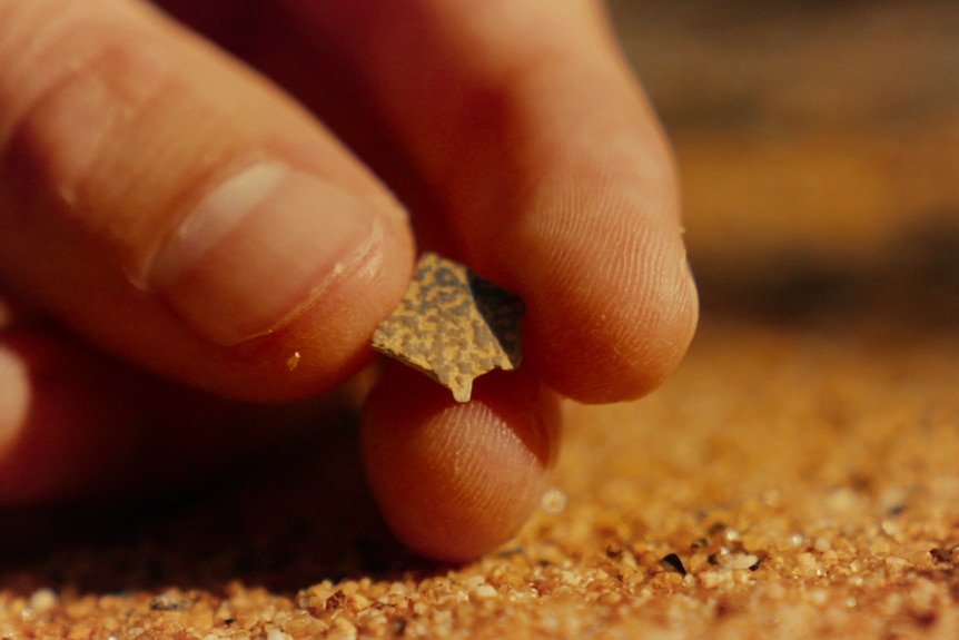 A close-up of fingers holding a thumnail-sized piece of emu egg shell. It's bumpy in texture.