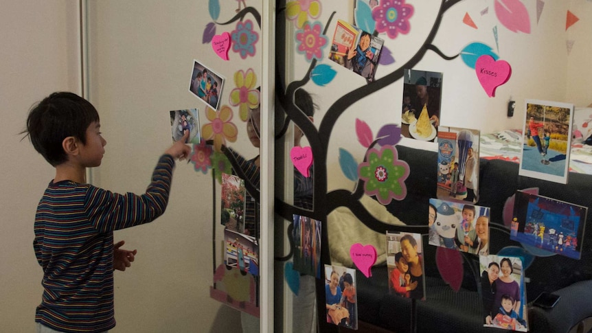 Lucas Cheang stands in front of a mirror with a memory tree of photos of his mum