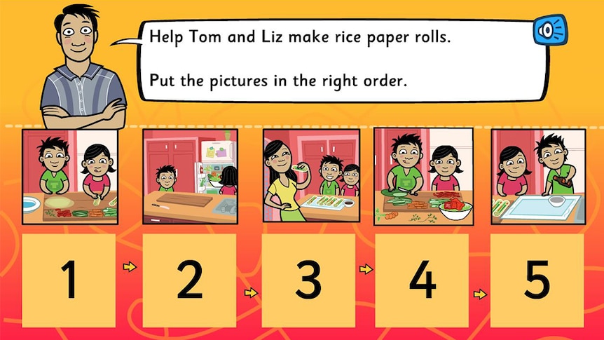 Cartoon man with speech bubble, numbered tiles below show scenes of family in kitchen