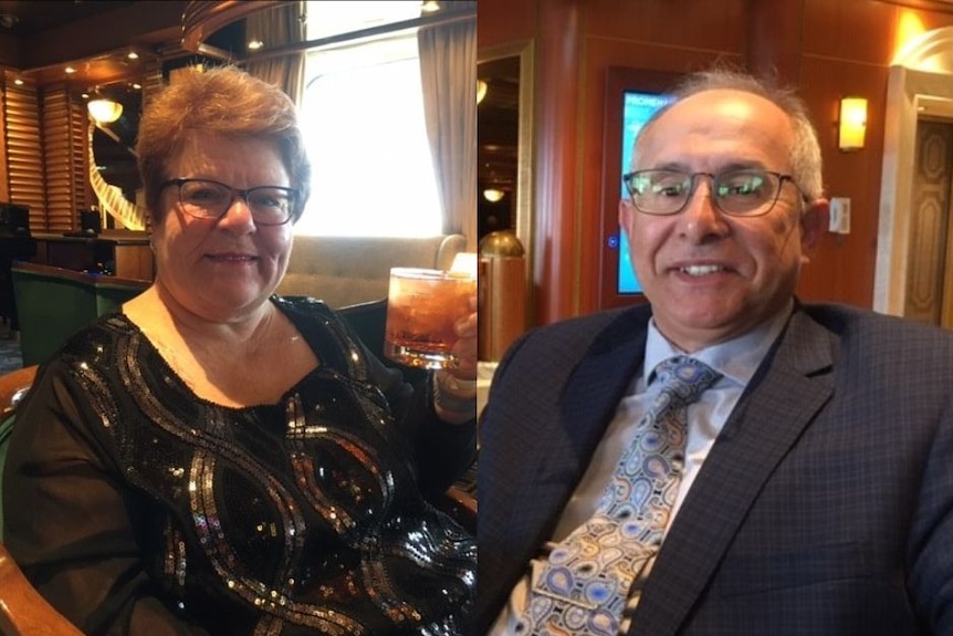 Two people sitting in a cruise ship bar with drinks