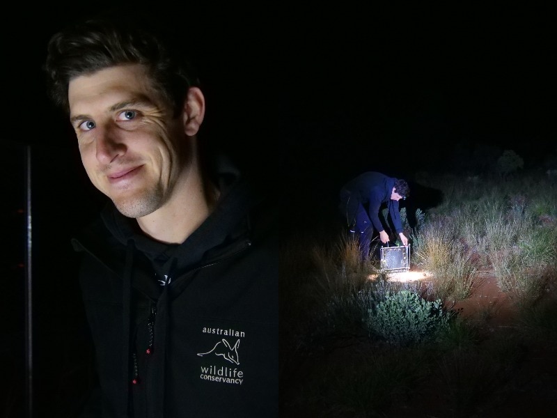 Two photos: A portrait of Tim smiling at the camera in the dark, next to a picture of Tim bending over a trap to check it.