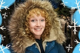 Woman with curly red hair smiles to the camera. She wears a winter jacket with a furry hood. Snow symbols are in the background.