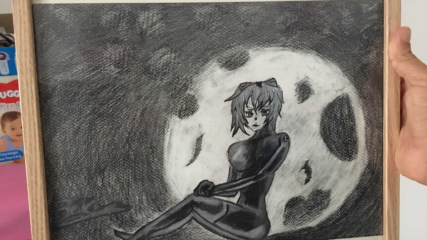 A black and white drawing of a Manga cartoon girl.