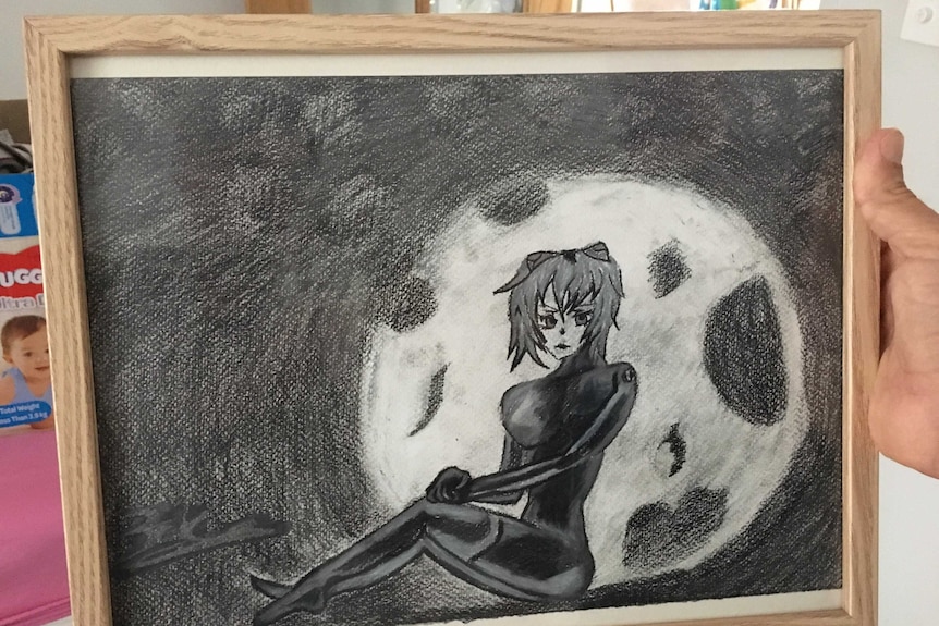 A black and white drawing of a Manga cartoon girl.