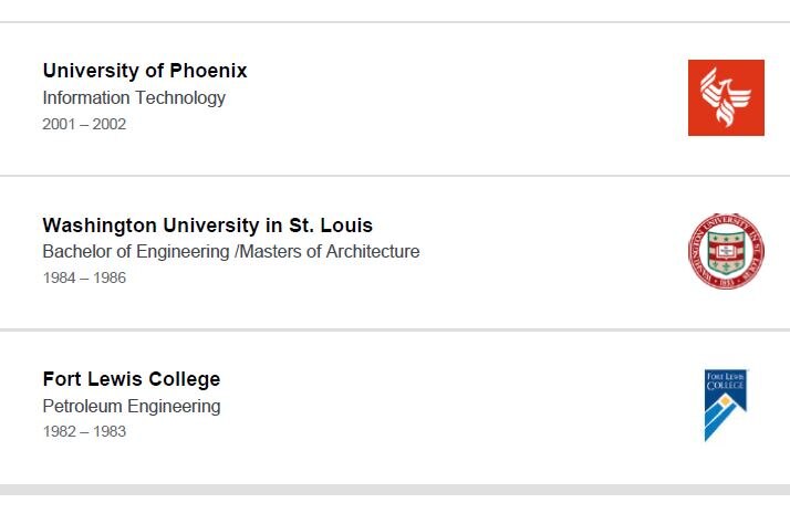 A screenshot of university degrees from a LinkedIn page.