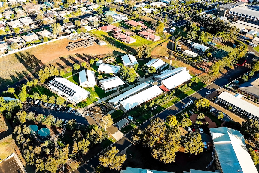 An aerial picture of a cluster of university buildings