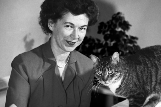 A black and white photo of a woman sitting at desk with a cat on it   