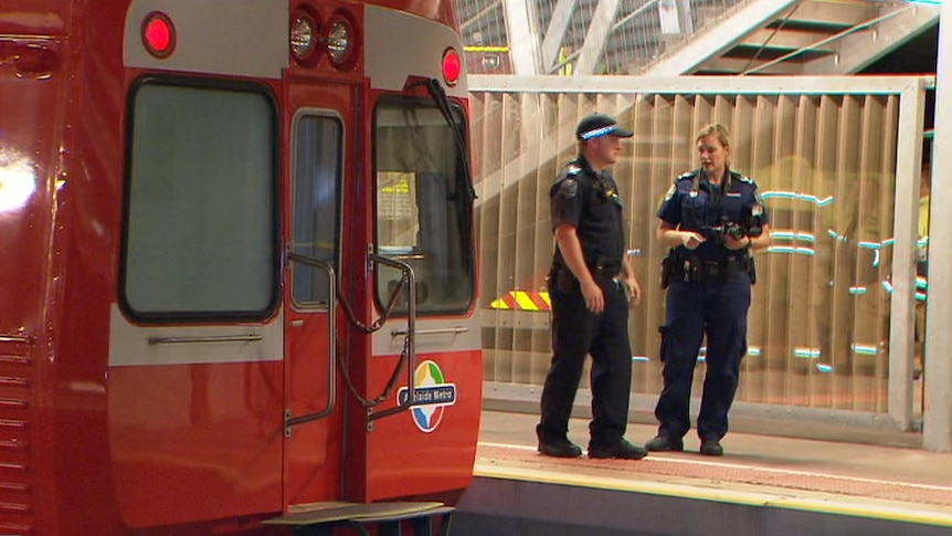 Police officers stand on a platform near a train.