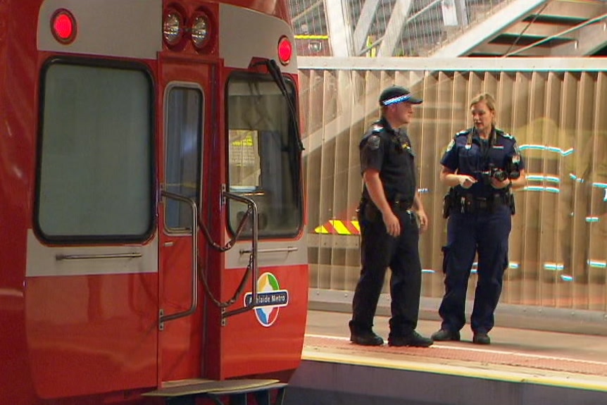 Police officers stand on a platform near a train.