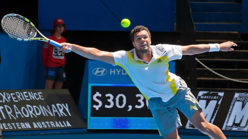 Jo-Wilfried Tsonga of France in action during the Hopman Cup tie against South Africa.