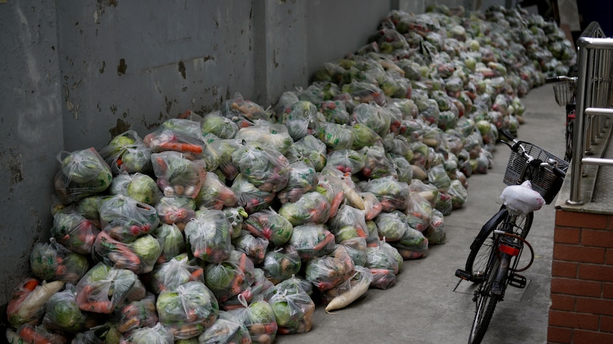 Clear plastic bags vegetables are seen outside a residential compound, near a parked bike in a service area.