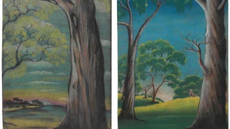 A split image showing paintings of trees.