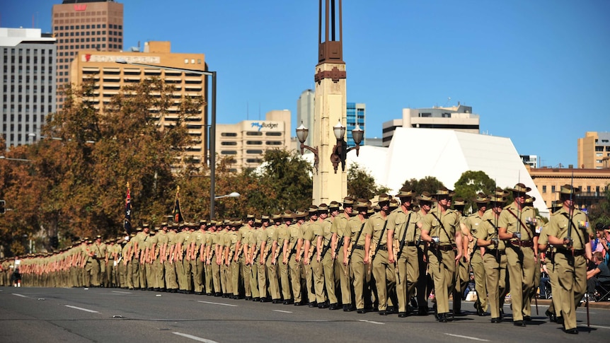 Soldiers march down King William Road for ANZAC Day