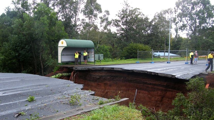 A road collapses at Goonellabah on the outskirts of Lismore