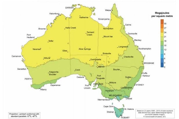 A map showing solar radiation levels in Australia