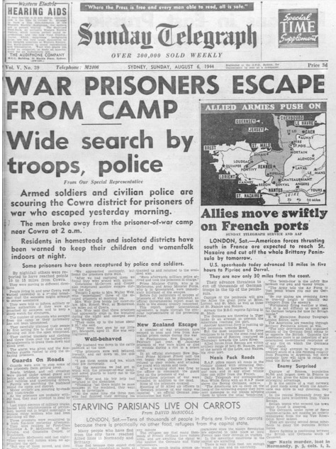 Headlines reporting the mass breakout of Japanese POW's at Cowra.