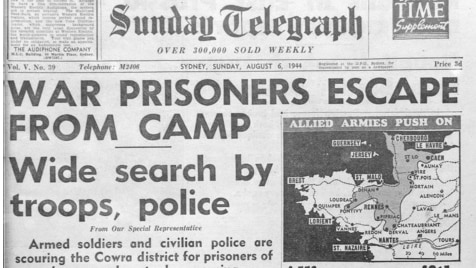 Headlines reporting the mass breakout of Japanese POWs at Cowra.