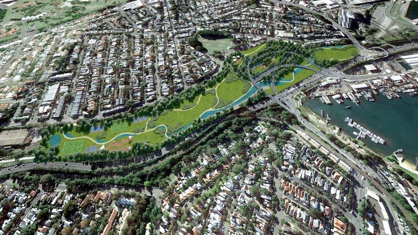 An artist's impression of what the WestConnex interchange at Rozelle will look like.