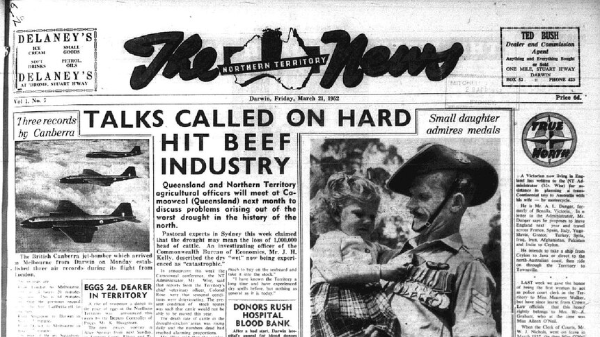 An archival newspaper clipping with the headline 'Talks called on hard hit beef industry'.