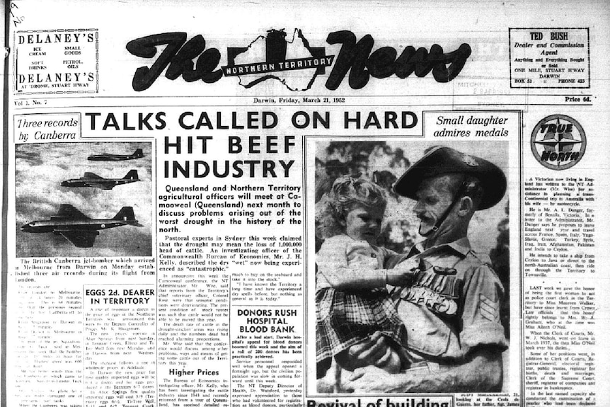 An archival newspaper clipping with the headline 'Talks called on hard hit beef industry'.