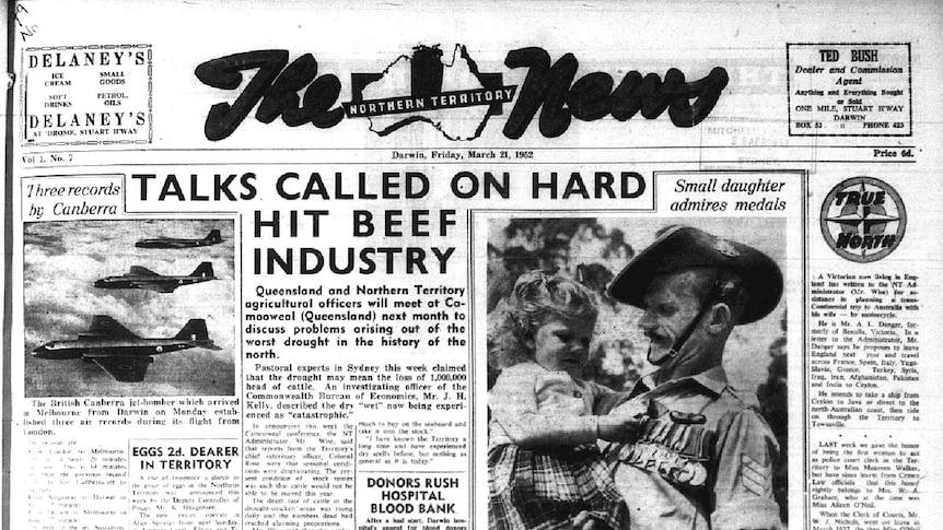 An archival newspaper clipping with the headline 'Talks called on hard hit beef industry'.