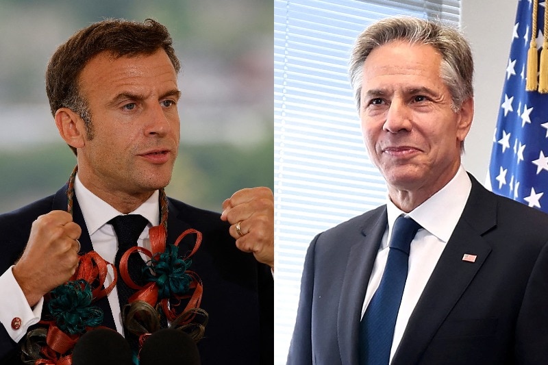 A composite image of Emmanuel Macron holding two clenched fists and Antony Blinken looking stoic 