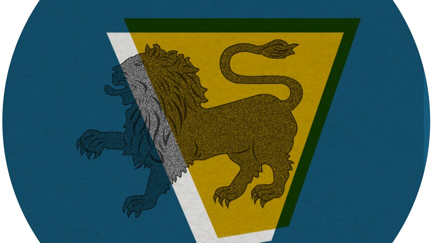 an outline of the state of Tasmania in gold the lion from the state flag is outlined in grey