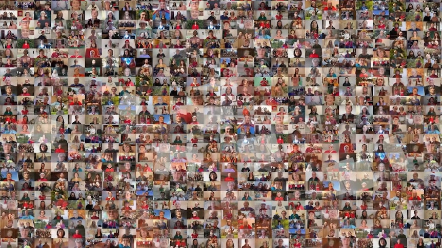 Hundreds of tiny videos of people singing combined together in a single screen.