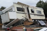 Caravan ruined by storm winds at Turners Beach, just west of Devonport.