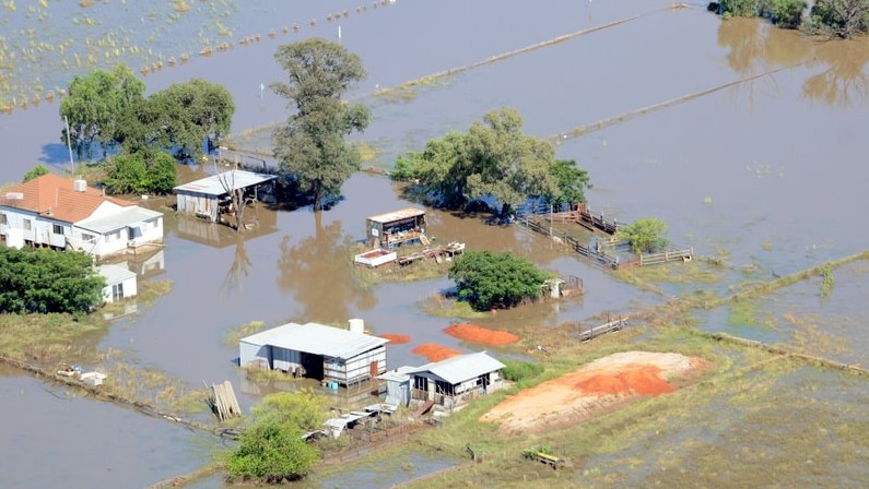 Water swamps a property in Merah North, as floods sweep across northern NSW