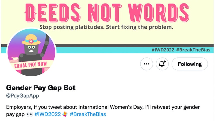 A Twitter profile with the image of a robot and the slogan "Deeds not words"